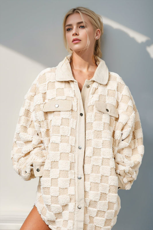 Double Take Button Up Fuzzy Checkered Shacket – Cream Jacket by Double Take