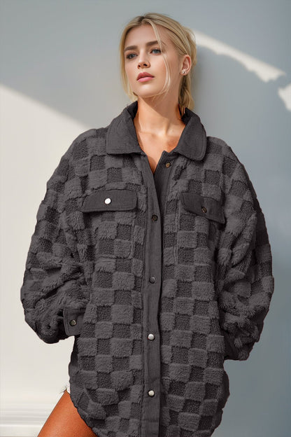 Double Take Button Up Fuzzy Checkered Shacket – Black Jacket by Double Take