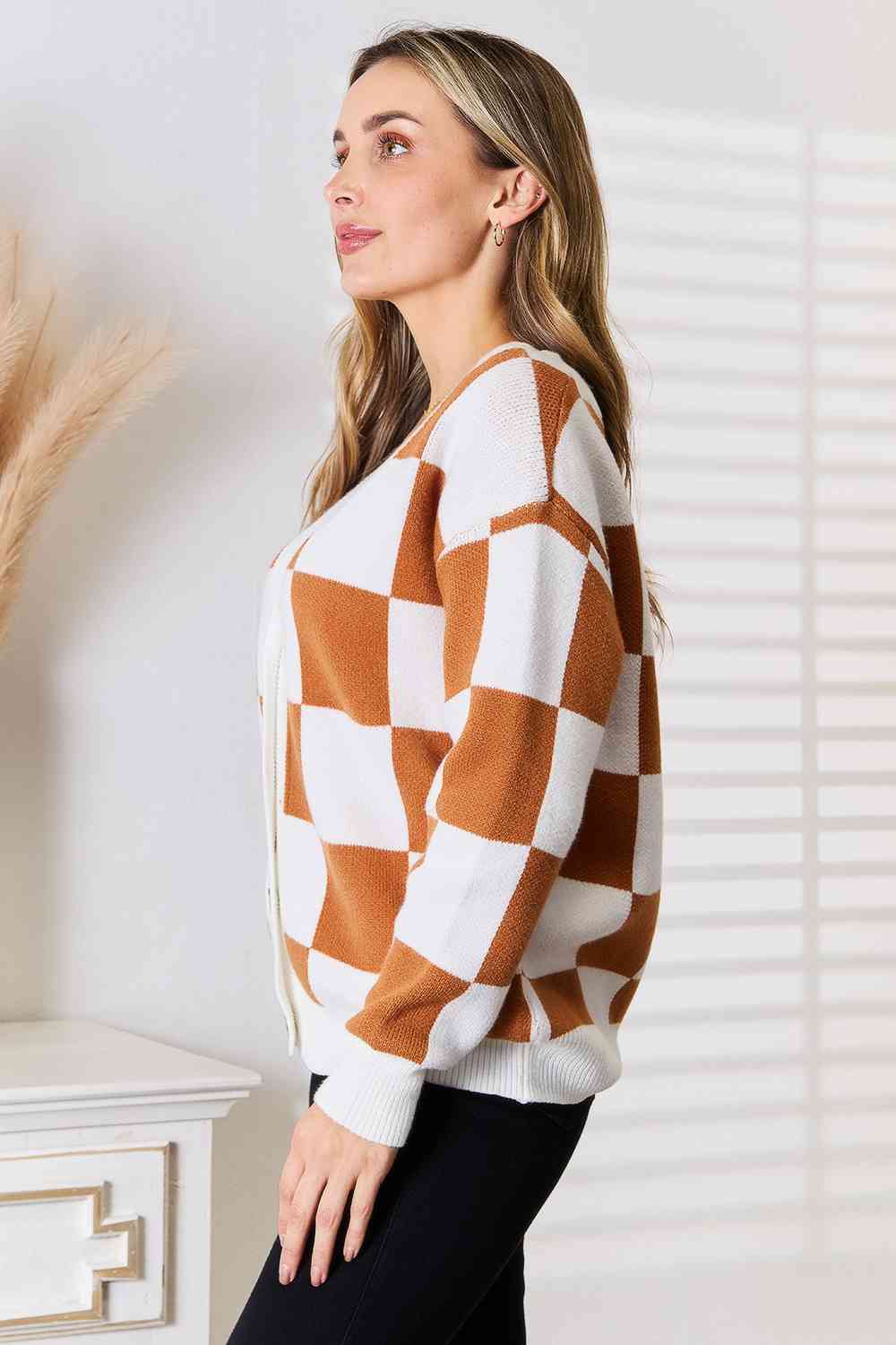 Double Take Button - Up V - Neck Dropped Shoulder Cardigan – Camel for Double Take (4 view)
