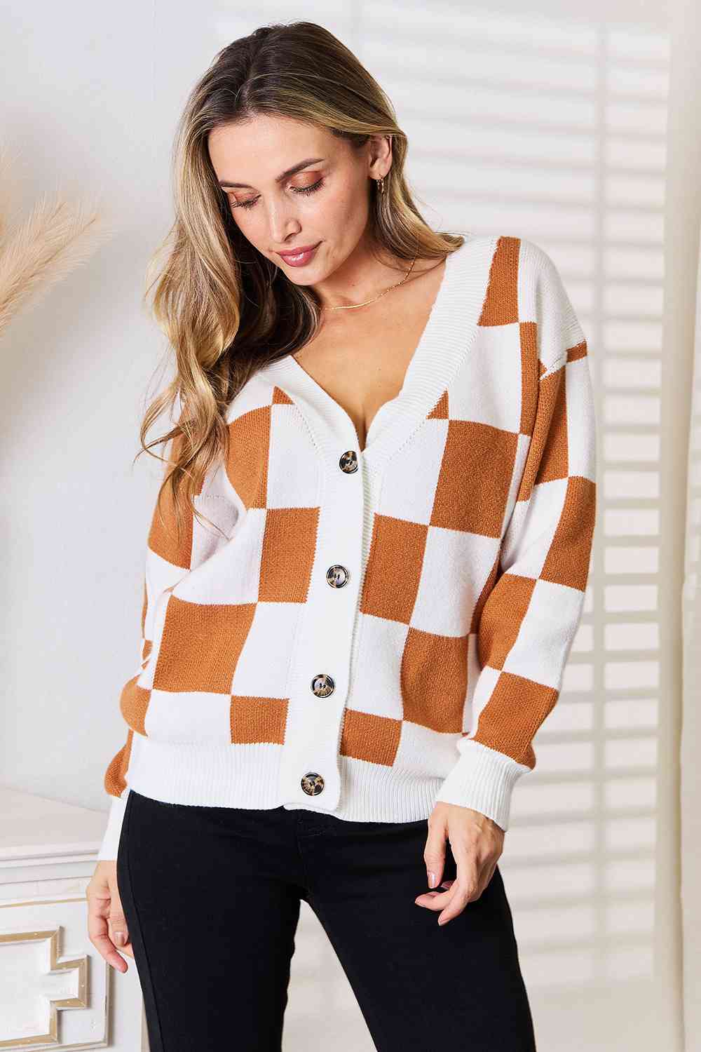 Double Take Button - Up V - Neck Dropped Shoulder Cardigan – Camel for Double Take (3 view)