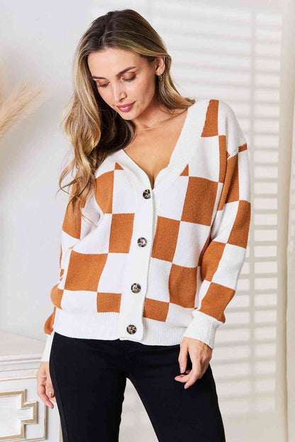 Double Take Button - Up V - Neck Dropped Shoulder Cardigan – Camel for Double Take (3 view)
