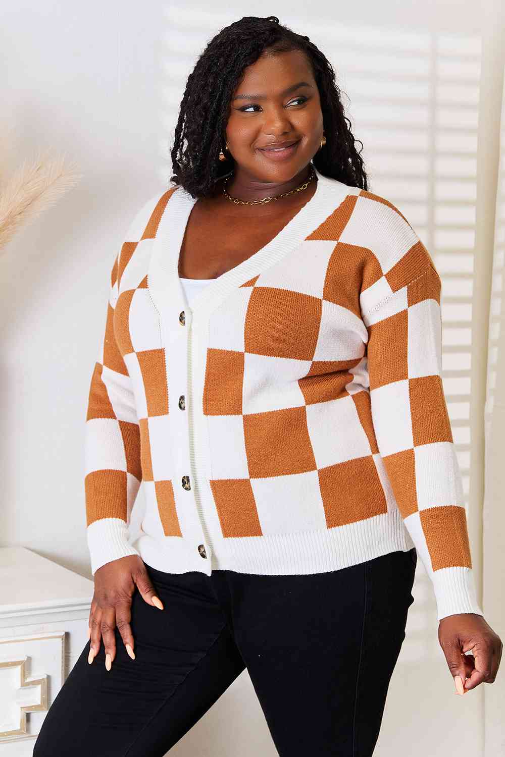 Double Take Button - Up V - Neck Dropped Shoulder Cardigan – Camel for Double Take (8 view)