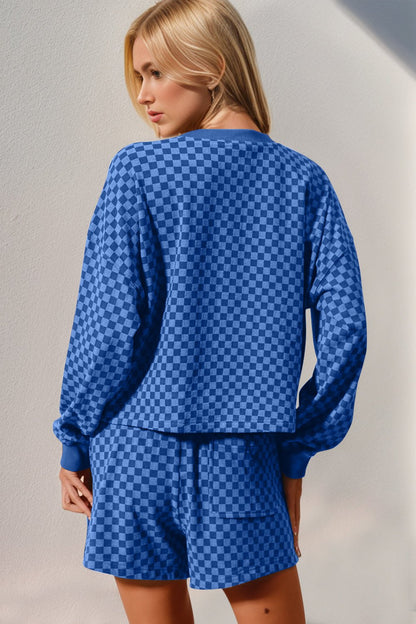 Double Take Checkered Half Button Top and Shorts Set – Blue by Double Take