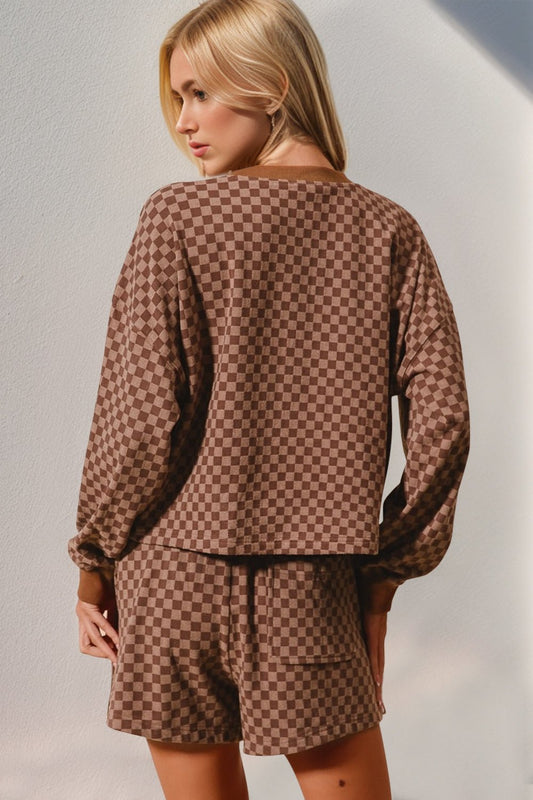 Double Take Checkered Half Button Top and Shorts Set – Brown by Double Take