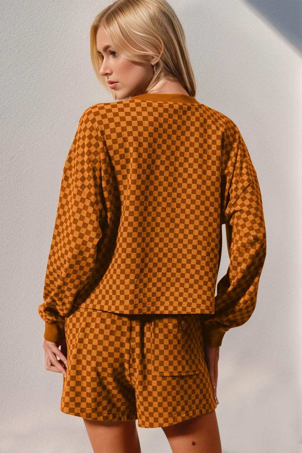 Double Take Checkered Half Button Top and Shorts Set – Caramel by Double Take