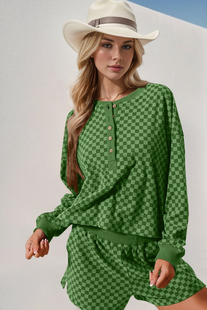 Double Take Checkered Half Button Top and Shorts Set – Caramel by Double Take