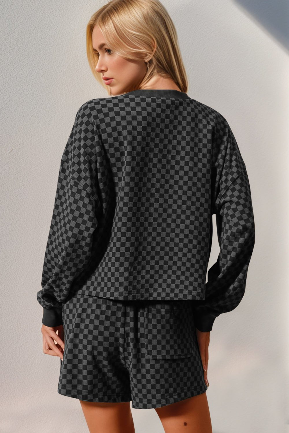 Double Take Checkered Half Button Top and Shorts Set – Black by Double Take