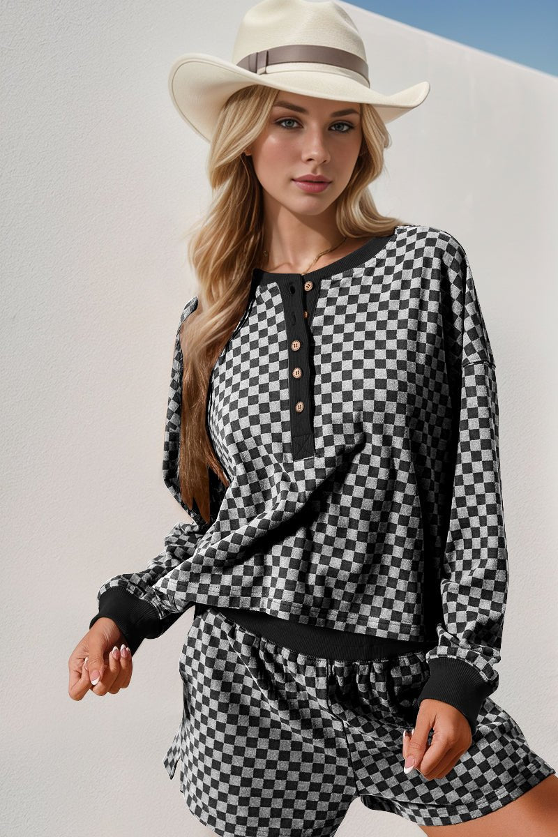 Double Take Checkered Half Button Top and Shorts Set – White by Double Take