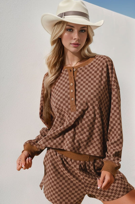 Double Take Checkered Half Button Top and Shorts Set – Brown by Double Take