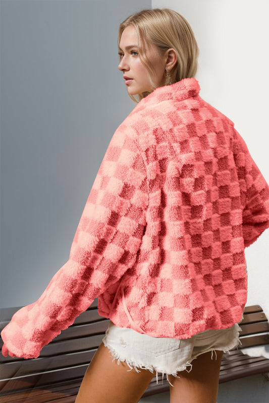 Double Take Checkered Long Sleeve Fuzzy Jacket – Strawberry Jacket by Double Take