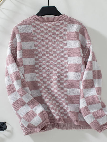 Double Take Checkered Open Front Dropped Shoulder Cardigan – Dusty Pink Sweatshirt by Double Take