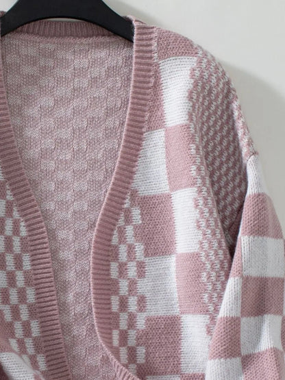 Double Take Checkered Open Front Dropped Shoulder Cardigan – Dusty Pink Sweatshirt by Double Take