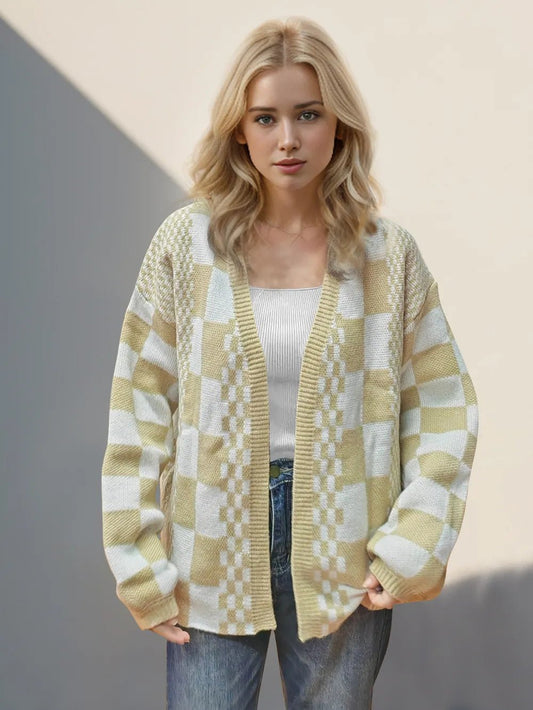 Double Take Checkered Open Front Dropped Shoulder Cardigan – Tan Sweatshirt by Double Take