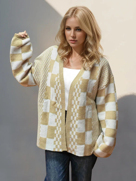 Double Take Checkered Open Front Dropped Shoulder Cardigan – Tan Sweatshirt by Double Take