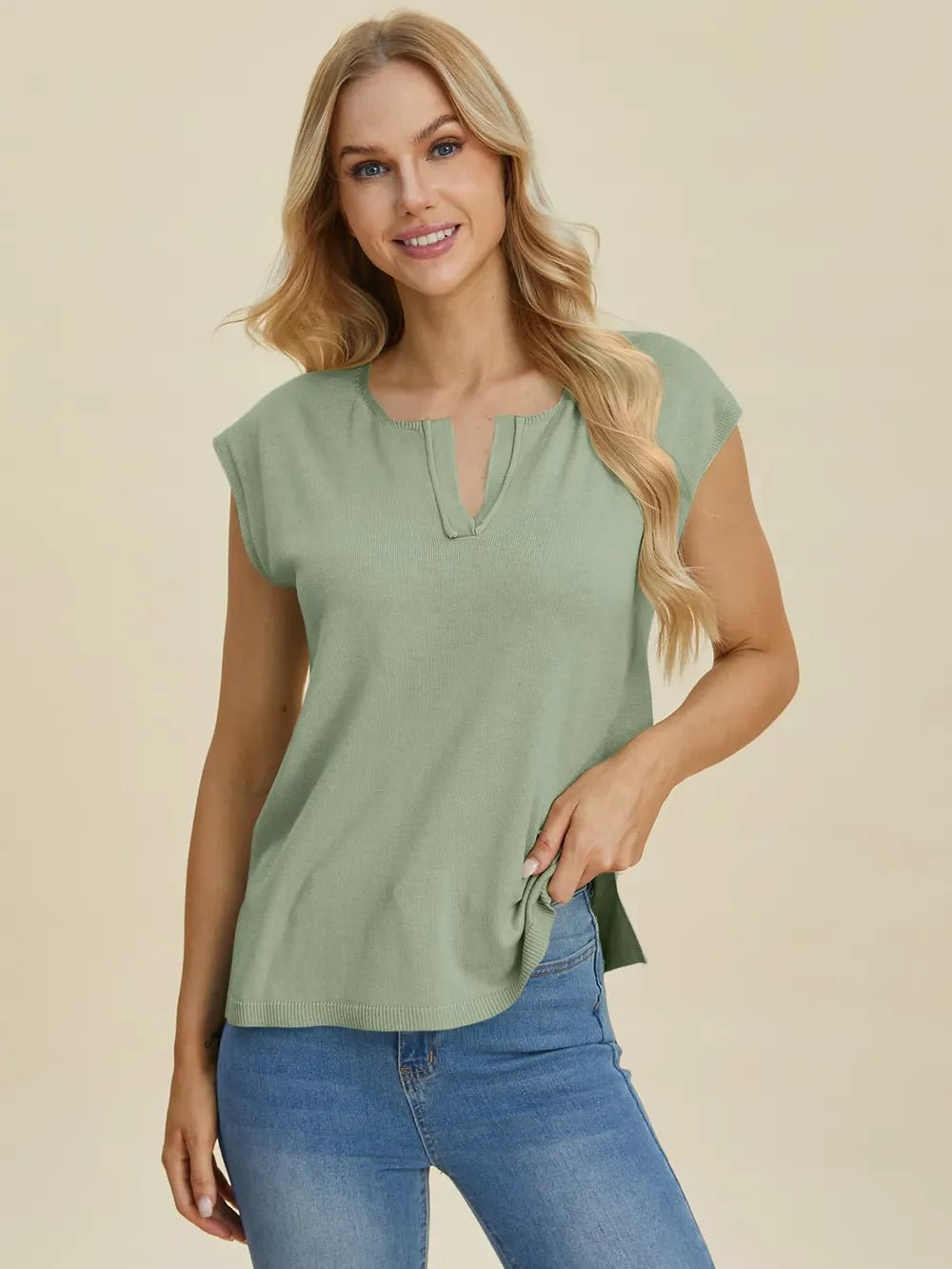 Double Take Full Size Notched Cap Sleeve Knit Top – Sage sweaters by Double Take