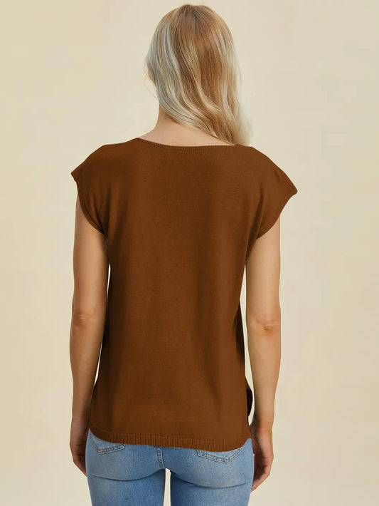 Double Take Full Size Notched Cap Sleeve Knit Top – Caramel sweaters by Double Take