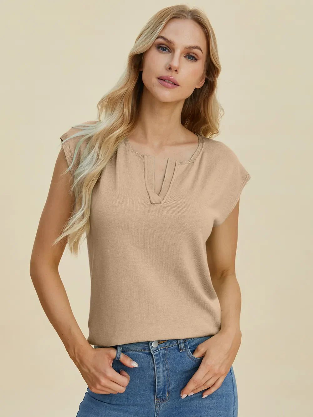 Double Take Full Size Notched Cap Sleeve Knit Top – Dust Storm sweaters by Double Take