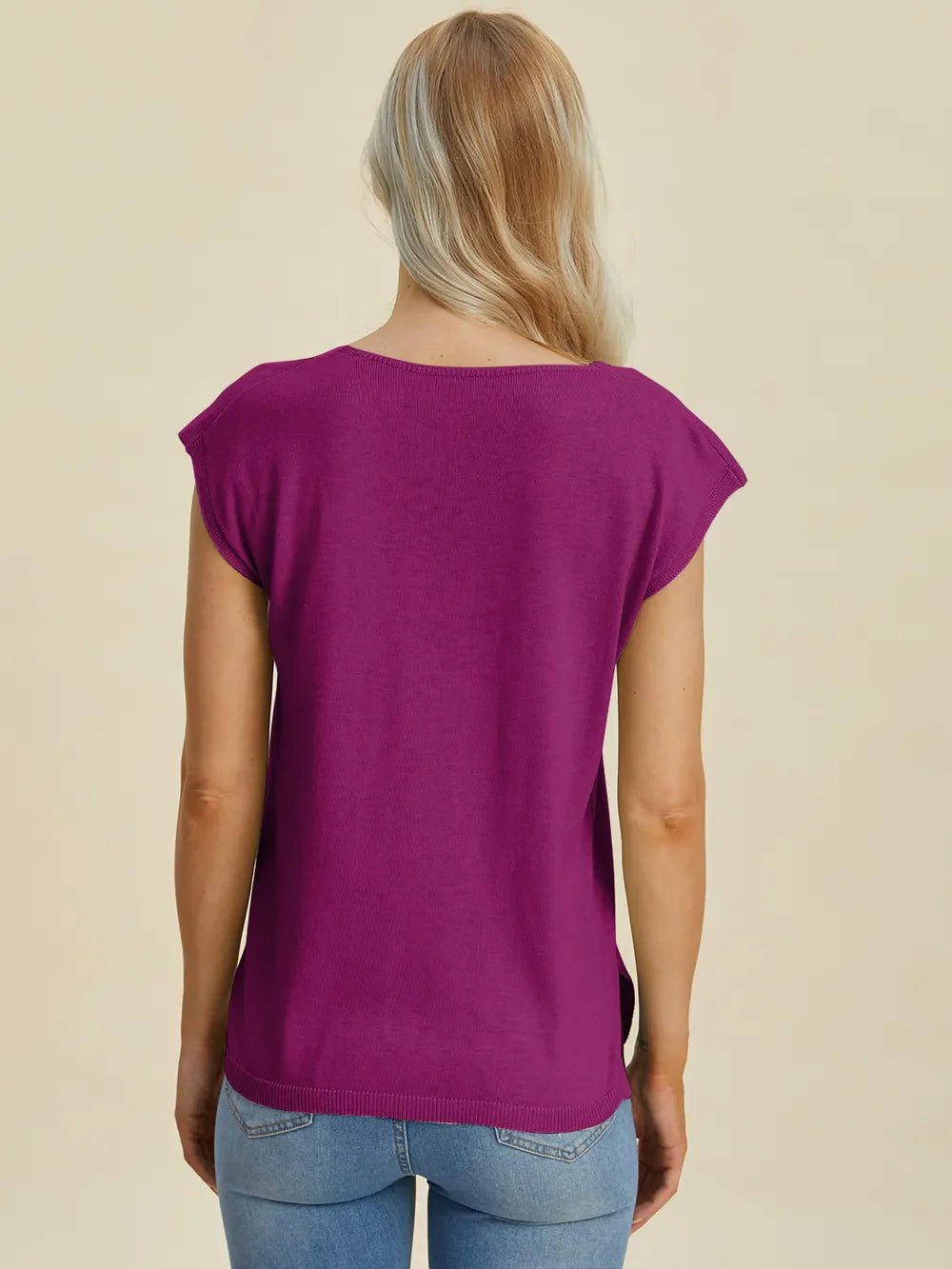Double Take Full Size Notched Cap Sleeve Knit Top – Deep Purple sweaters by Double Take