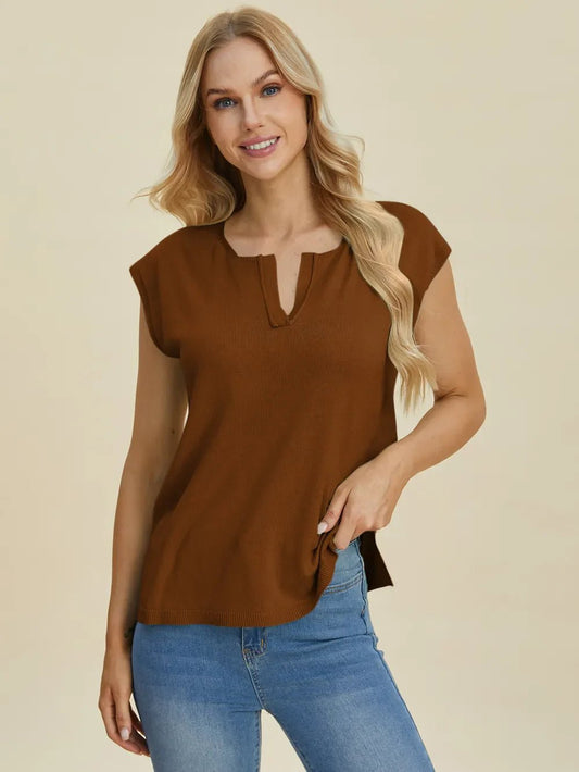 Double Take Full Size Notched Cap Sleeve Knit Top – Caramel sweaters by Double Take