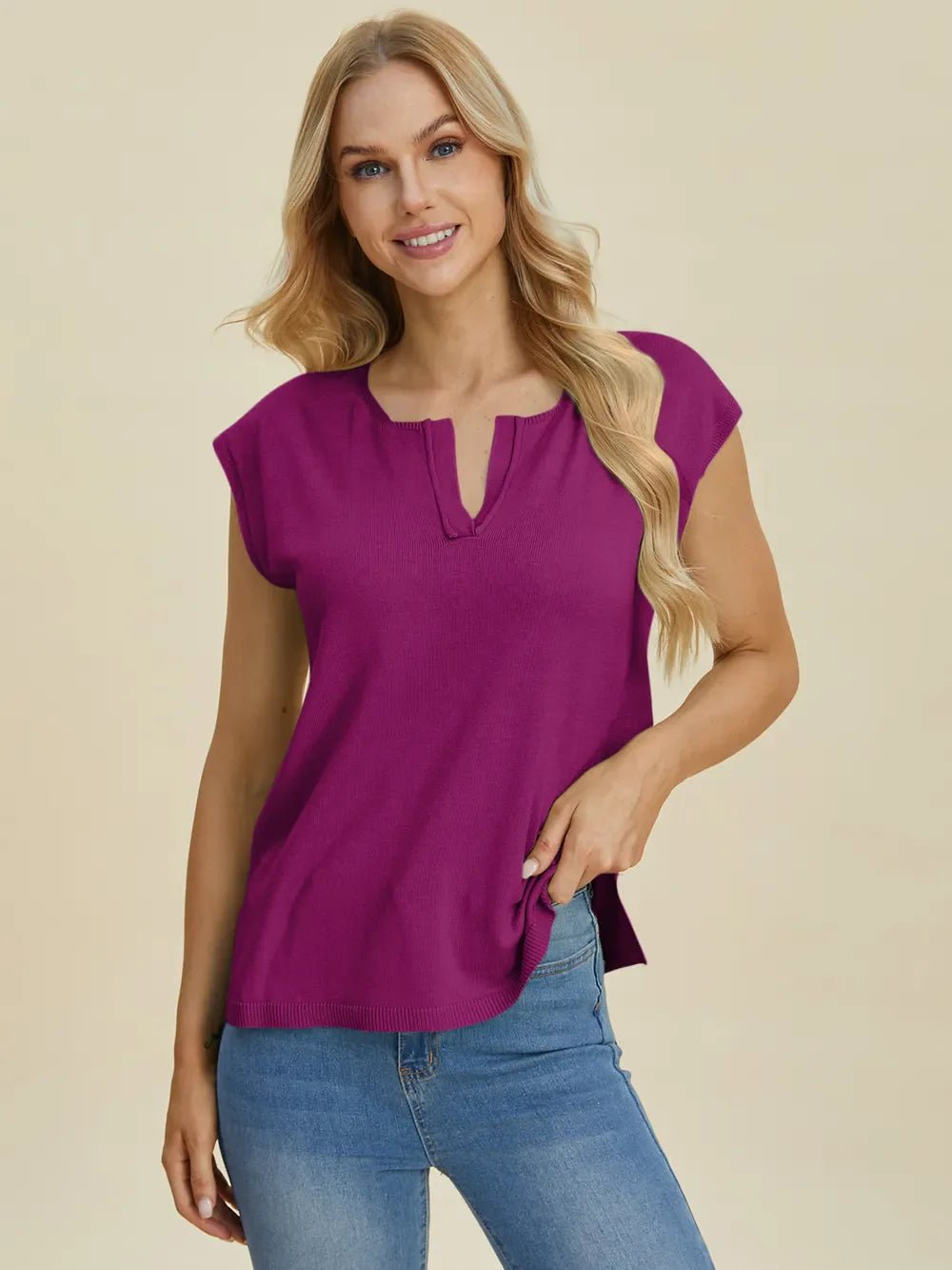 Double Take Full Size Notched Cap Sleeve Knit Top – Deep Purple sweaters by Double Take
