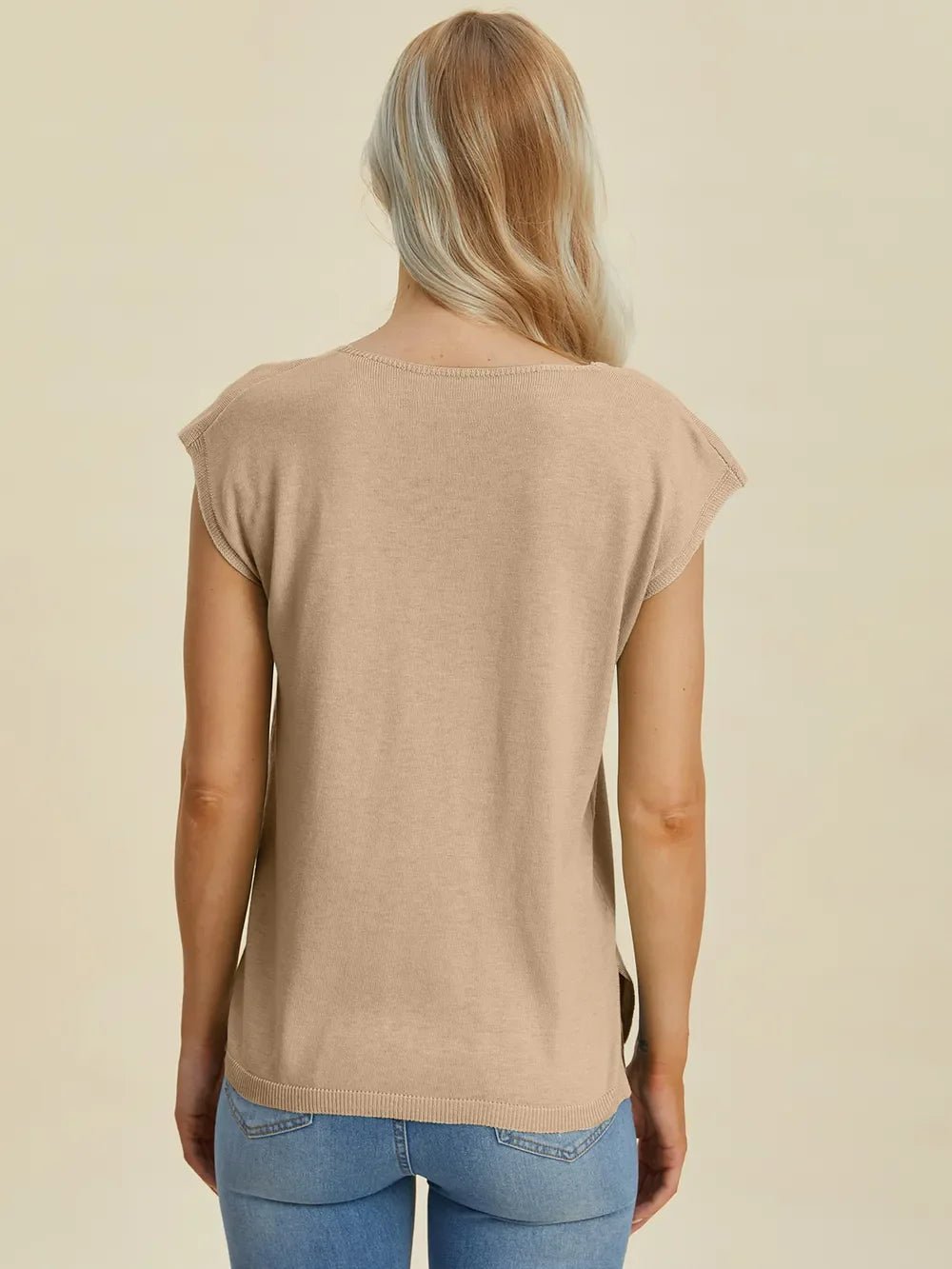 Double Take Full Size Notched Cap Sleeve Knit Top – Dust Storm sweaters by Double Take