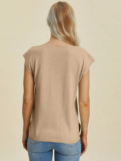 Double Take Full Size Notched Cap Sleeve Knit Top – Dust Storm sweaters by Double Take