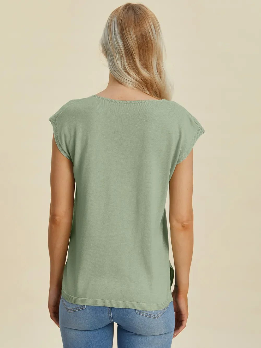 Double Take Full Size Notched Cap Sleeve Knit Top – Sage sweaters by Double Take