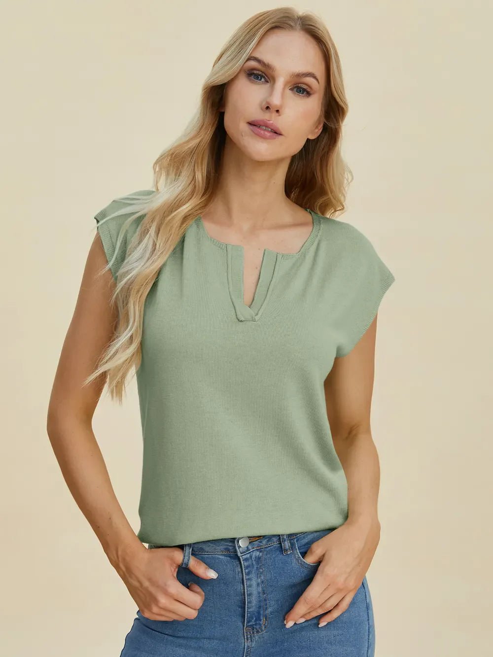 Double Take Full Size Notched Cap Sleeve Knit Top – Sage sweaters by Double Take