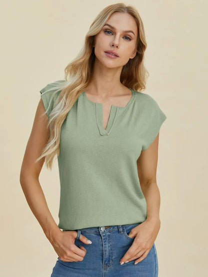 Double Take Full Size Notched Cap Sleeve Knit Top – Sage sweaters by Double Take