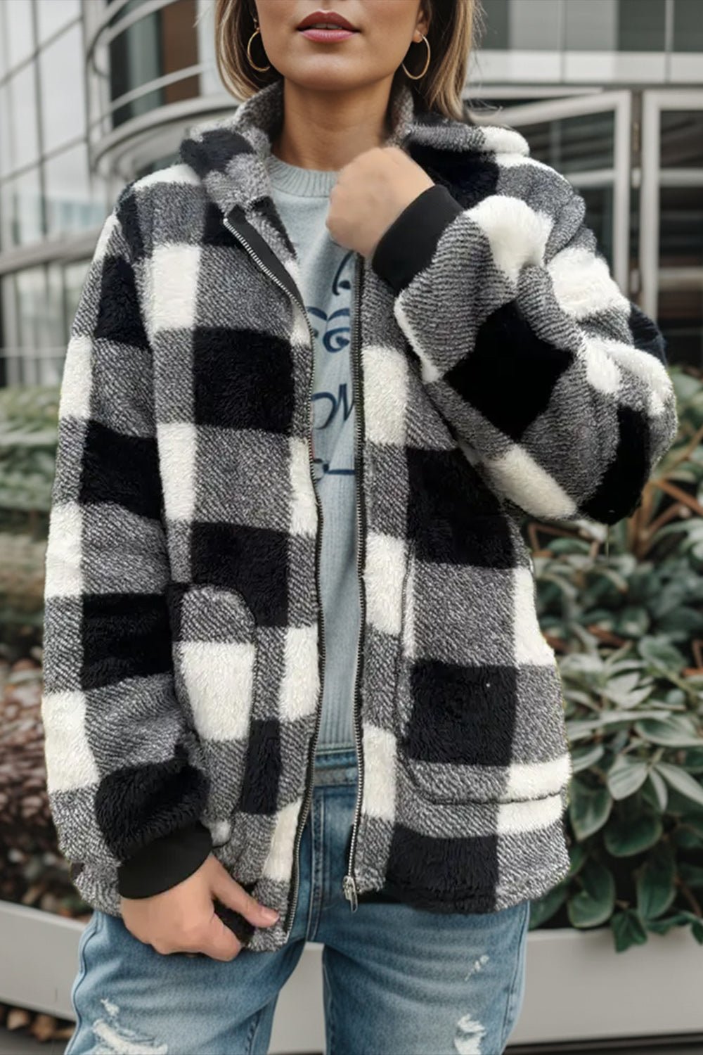 Double Take Full Size Plaid Long Sleeve Hooded Coat – Black Jacket by Double Take