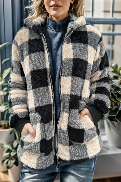 Double Take Full Size Plaid Long Sleeve Hooded Coat – Camel Jacket by Double Take