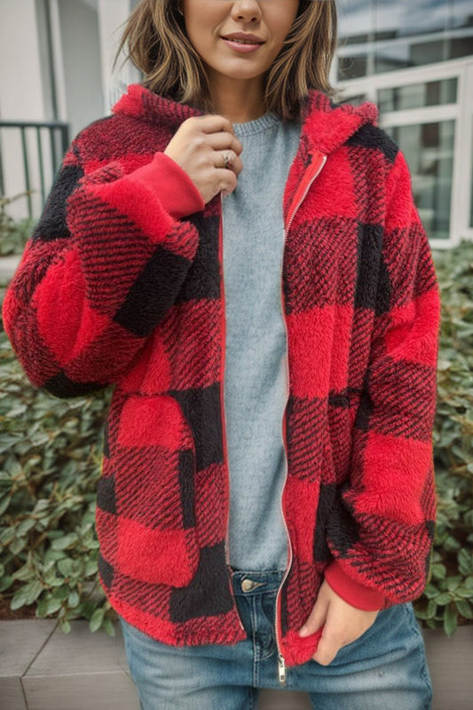 Double Take Full Size Plaid Long Sleeve Hooded Coat – Red Jacket by Double Take