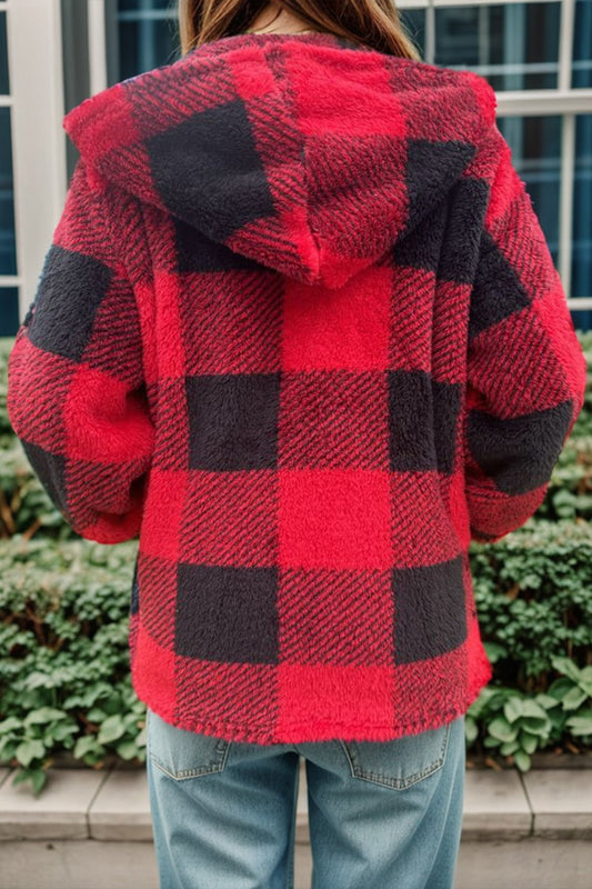 Double Take Full Size Plaid Long Sleeve Hooded Coat – Red Jacket by Double Take
