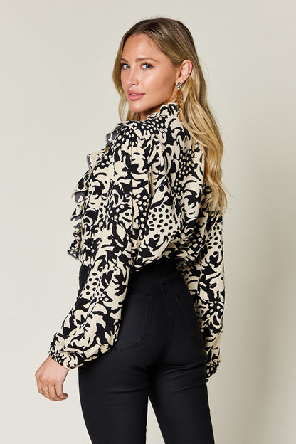 Double Take Full Size Printed Ruffle Trim Balloon Sleeve Shirt – Black Top by Double Take