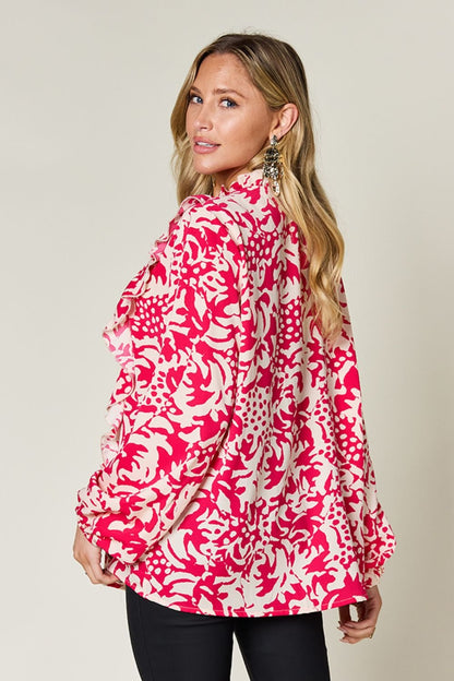 Double Take Full Size Printed Ruffle Trim Balloon Sleeve Shirt – Hot Pink Top by Double Take