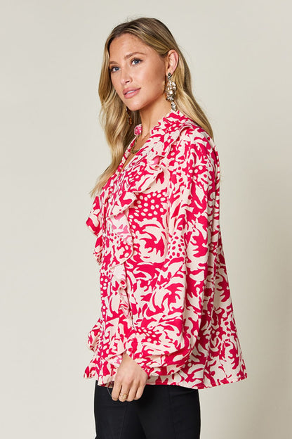 Double Take Full Size Printed Ruffle Trim Balloon Sleeve Shirt – Hot Pink Top by Double Take