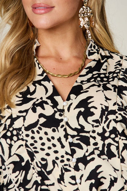 Double Take Full Size Printed Ruffle Trim Balloon Sleeve Shirt – Black Top by Double Take