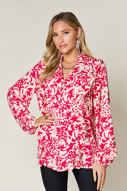 Double Take Full Size Printed Ruffle Trim Balloon Sleeve Shirt – Hot Pink Top by Double Take