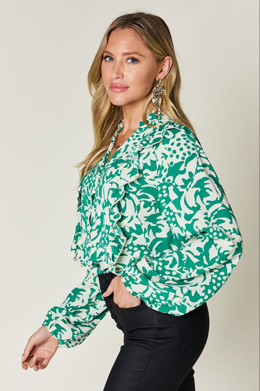 Double Take Full Size Printed Ruffle Trim Balloon Sleeve Shirt – Mid Green Top by Double Take