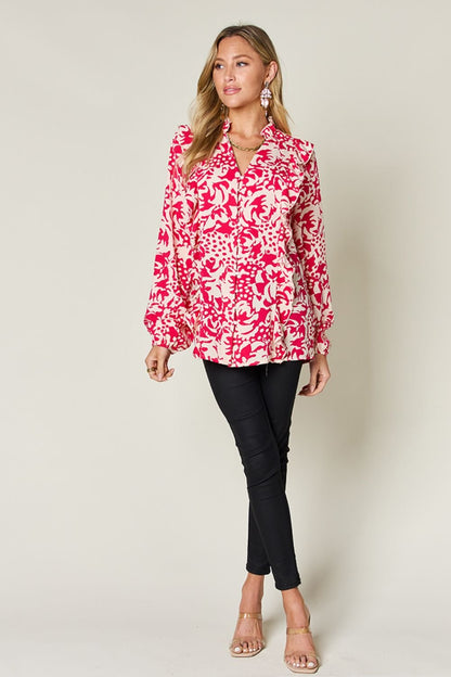 Double Take Full Size Printed Ruffle Trim Balloon Sleeve Shirt – Hot Pink Top by Double Take