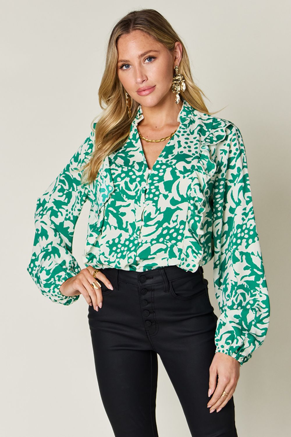 Double Take Full Size Printed Ruffle Trim Balloon Sleeve Shirt – Mid Green Top by Double Take