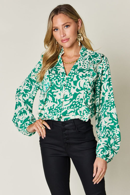 Double Take Full Size Printed Ruffle Trim Balloon Sleeve Shirt – Mid Green Top by Double Take