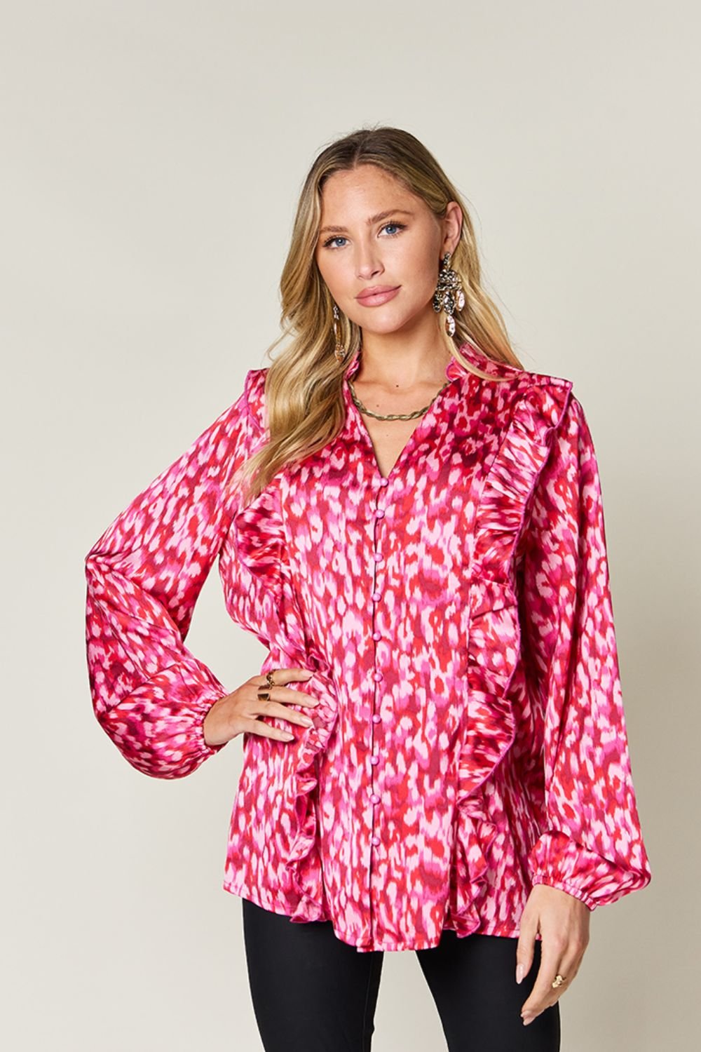 Double Take Full Size Printed Ruffle Trim Balloon Sleeve Shirt – Hot Pink Women's Top by Double Take