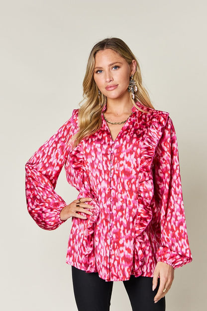 Double Take Full Size Printed Ruffle Trim Balloon Sleeve Shirt – Hot Pink Women's Top by Double Take