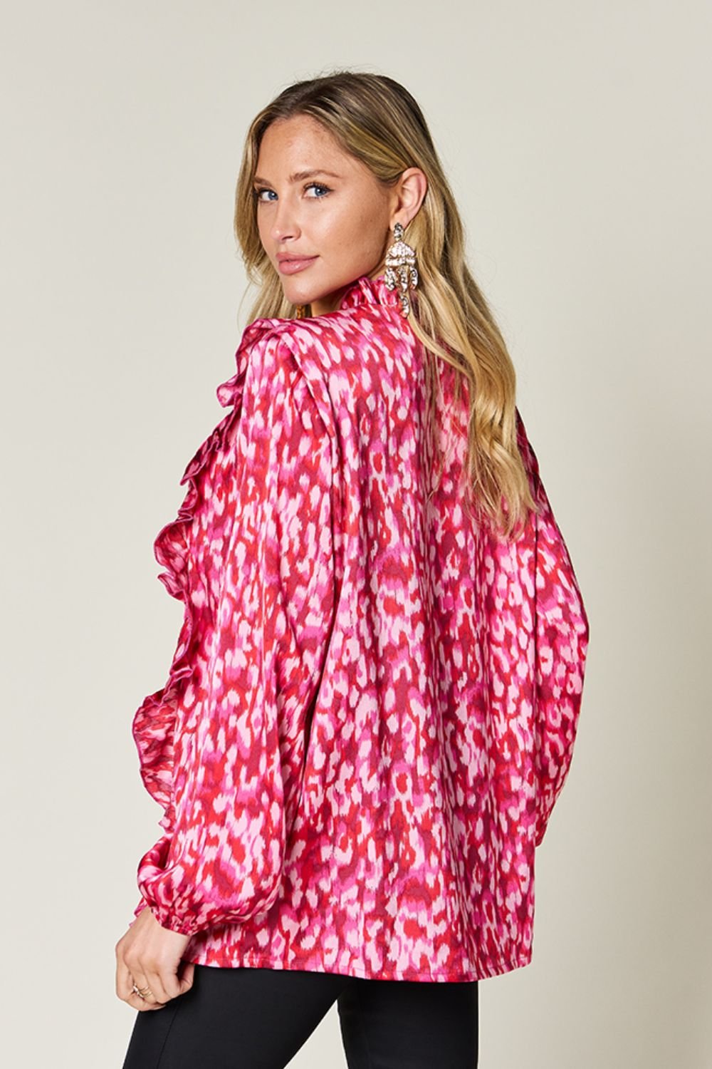 Double Take Full Size Printed Ruffle Trim Balloon Sleeve Shirt – Hot Pink Women's Top by Double Take