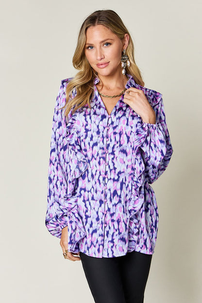 Double Take Full Size Printed Ruffle Trim Balloon Sleeve Shirt – Hot Pink Women's Top by Double Take