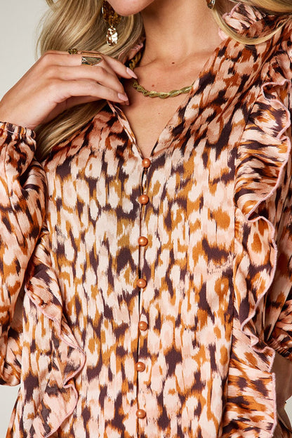 Double Take Full Size Printed Ruffle Trim Balloon Sleeve Shirt – Caramel Women's Top by Double Take