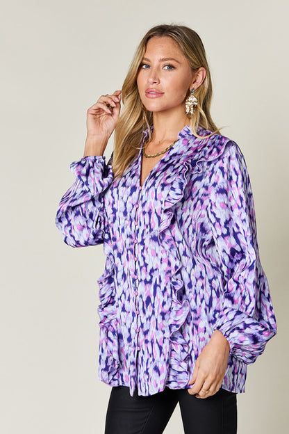 Double Take Full Size Printed Ruffle Trim Balloon Sleeve Shirt – Hot Pink Women's Top by Double Take