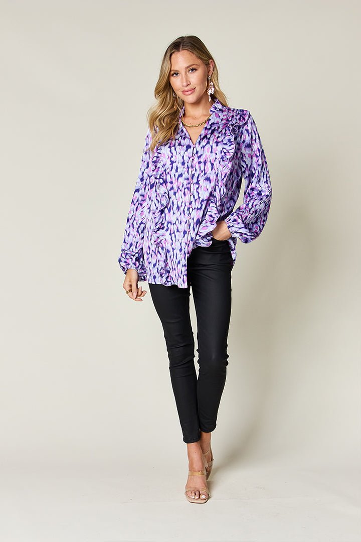 Double Take Full Size Printed Ruffle Trim Balloon Sleeve Shirt – Hot Pink Women's Top by Double Take