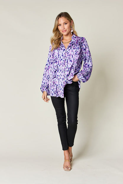 Double Take Full Size Printed Ruffle Trim Balloon Sleeve Shirt – Hot Pink Women's Top by Double Take